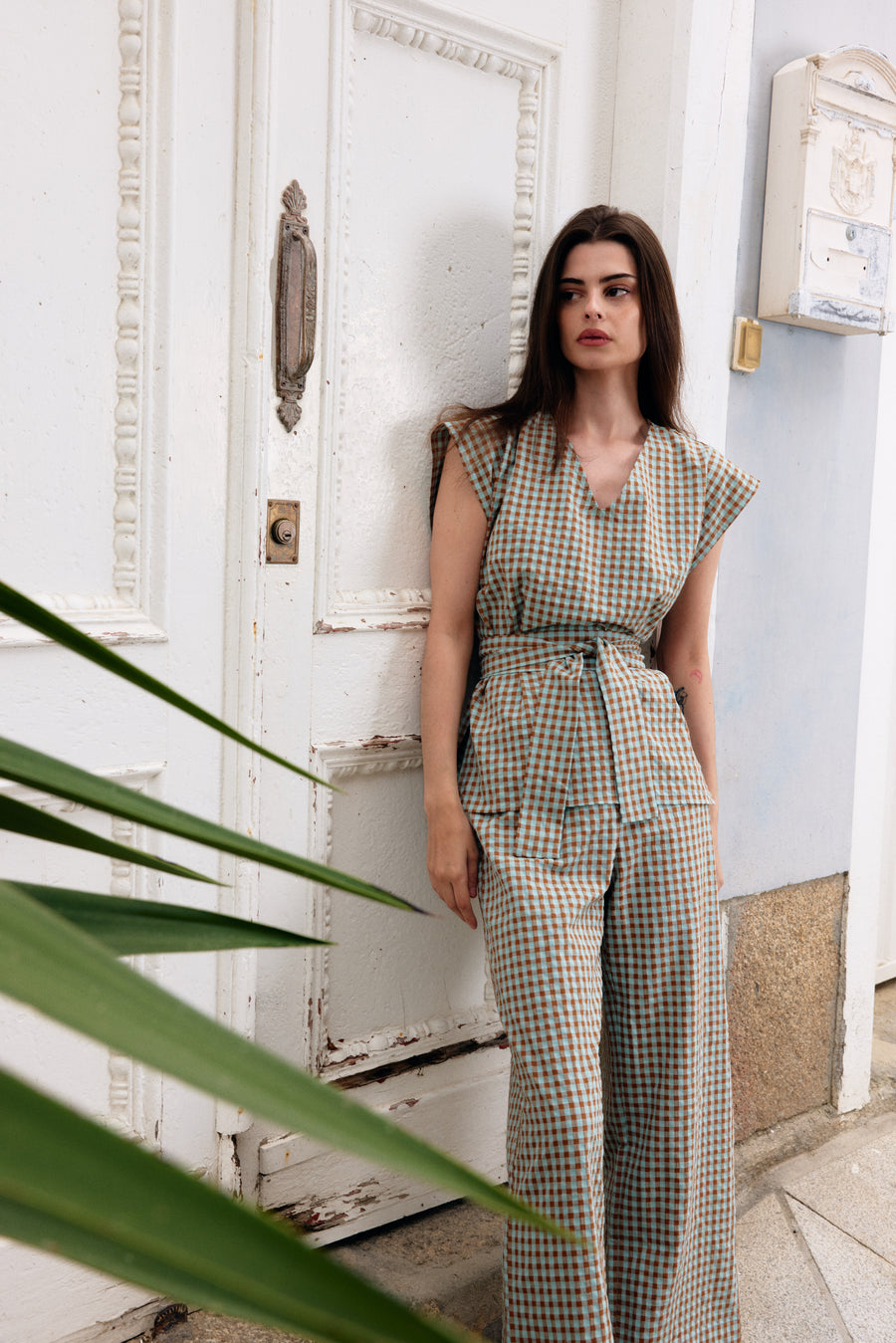 PANTALÓN VICHY MARRON & TURQUESA