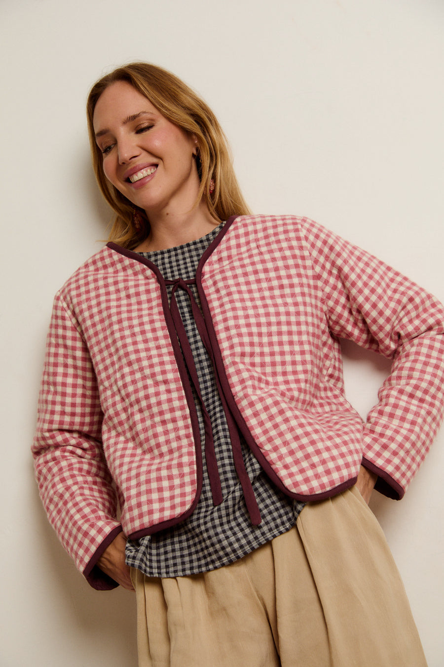 CHAQUETA REVERSIBLE VICHY & BERENJENA